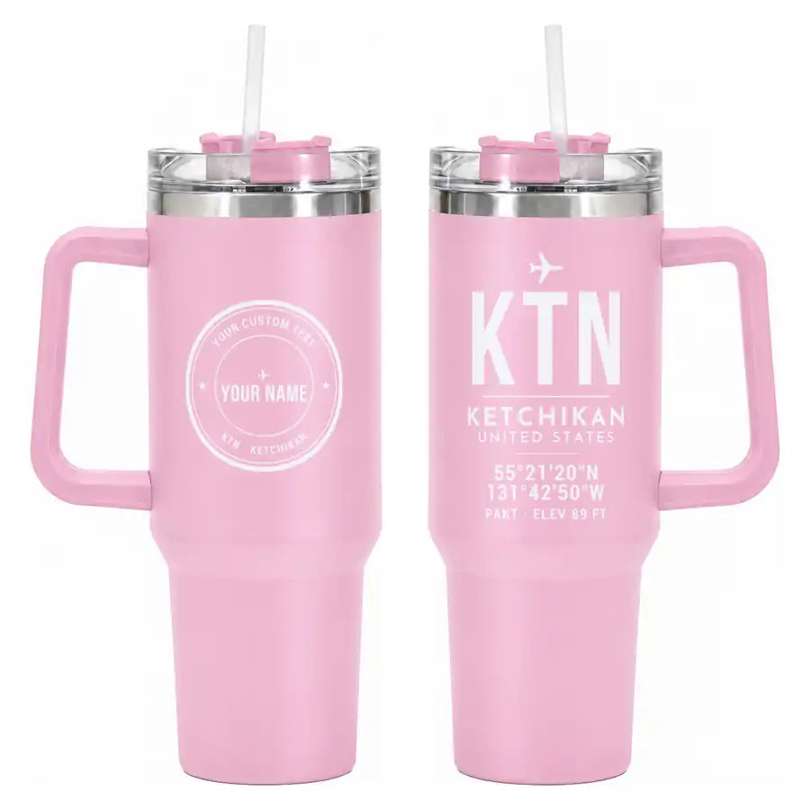 Ketchikan International Airport (KTN) Stainless Steel Mugs - ID Tag + Custom Back - 40oz Car Mug - Pink