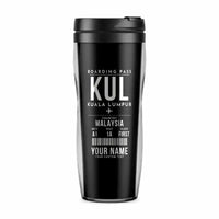 Thumbnail for Kuala Lumpur International Airport (KUL) Travel Mugs - Boarding Pass + Name - Plastic (No Holder) - Black