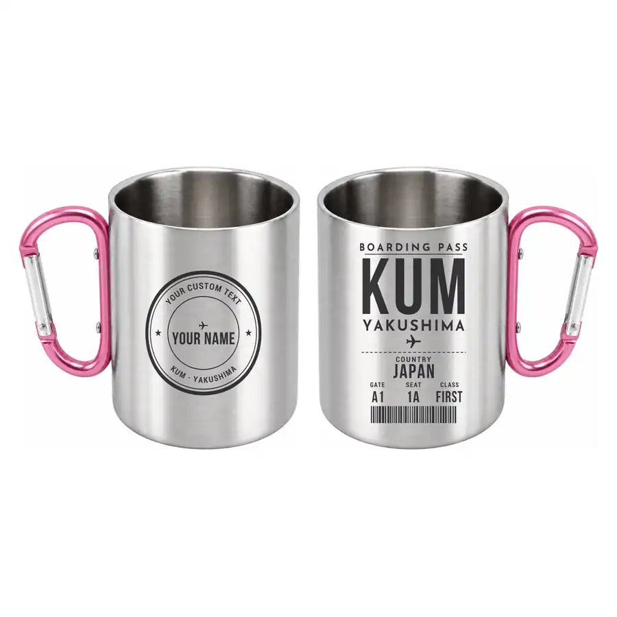 Yakushima Airport (KUM) Stainless Steel Mugs - Boarding Pass + Custom Back - Outdoors Mug - Pink