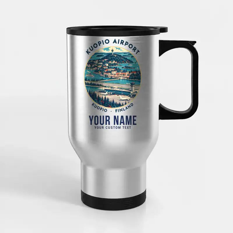 Kuopio Airport (KUO) Travel Mugs - Badge + Name - Stainless Steel with Holder - Silver