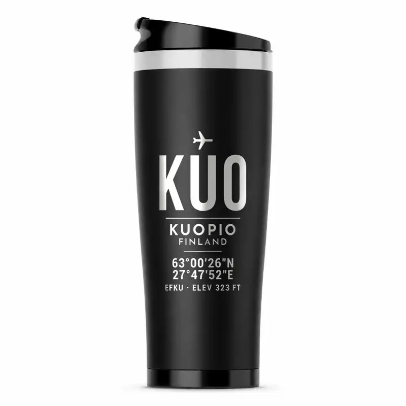 Kuopio Airport (KUO) Travel Mugs - ID Tag - Stainless Steel (No Holder) - Black