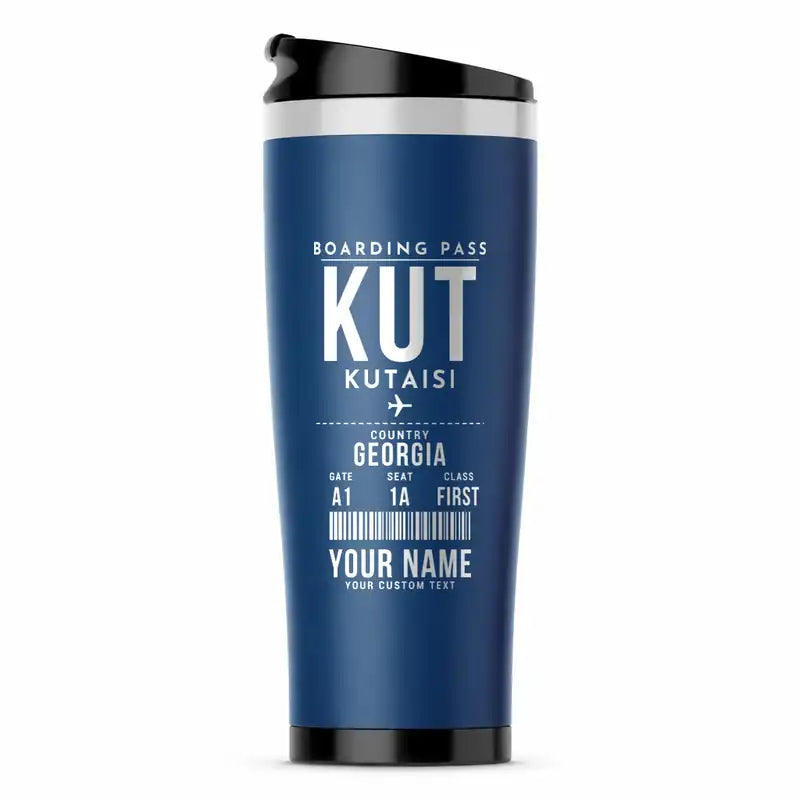 Kutaisi International Airport (KUT) Travel Mugs - Boarding Pass + Name - Stainless Steel (No Holder) - Blue