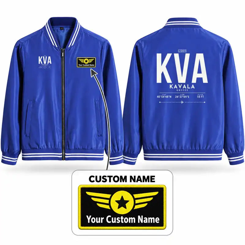 Kavala International Airport Megas Alexandros (KVA) Stylish Jackets - Baseball Collar - Tag + Name - Royal Blue