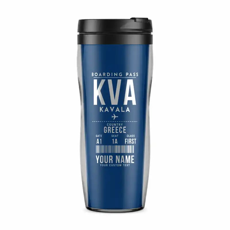 Kavala International Airport -Megas Alexandros- (KVA) Travel Mugs - Boarding Pass + Name - Plastic (No Holder) - Blue
