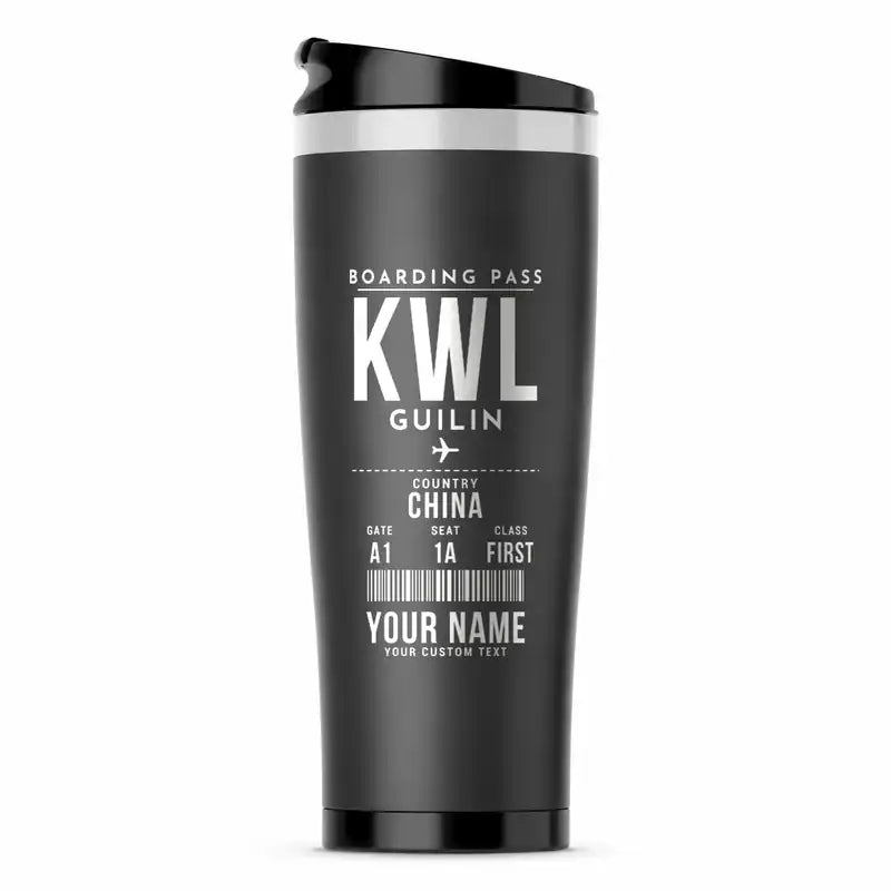 Guilin Liangjiang International Airport (KWL) Travel Mugs - Boarding Pass + Name - Stainless Steel (No Holder) - Gray
