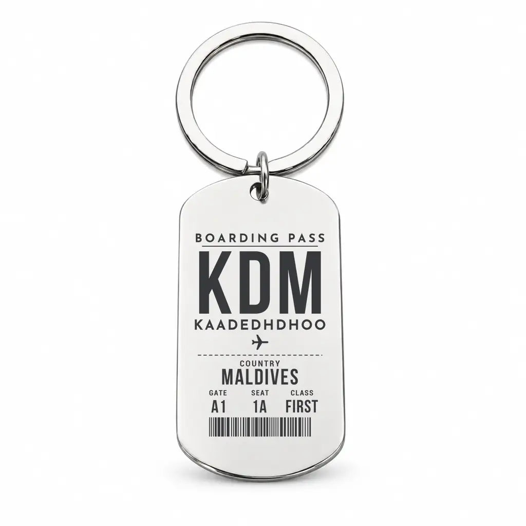 Kaadedhdhoo Airport KDM - Key Chain - Boarding Pass Style - Silver