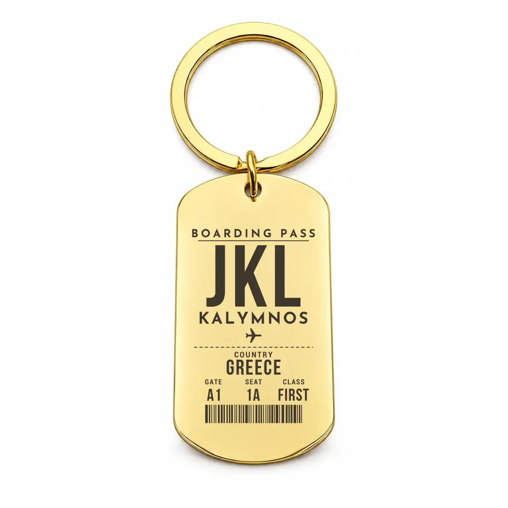 Kalymnos Island National Airport JKL - Key Chain - Boarding Pass Style - Gold