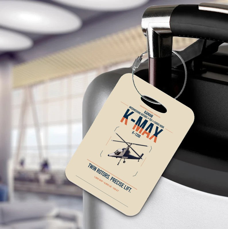 Kaman K-1200 K-MAX design on beige acrylic luggage tags, double-side print