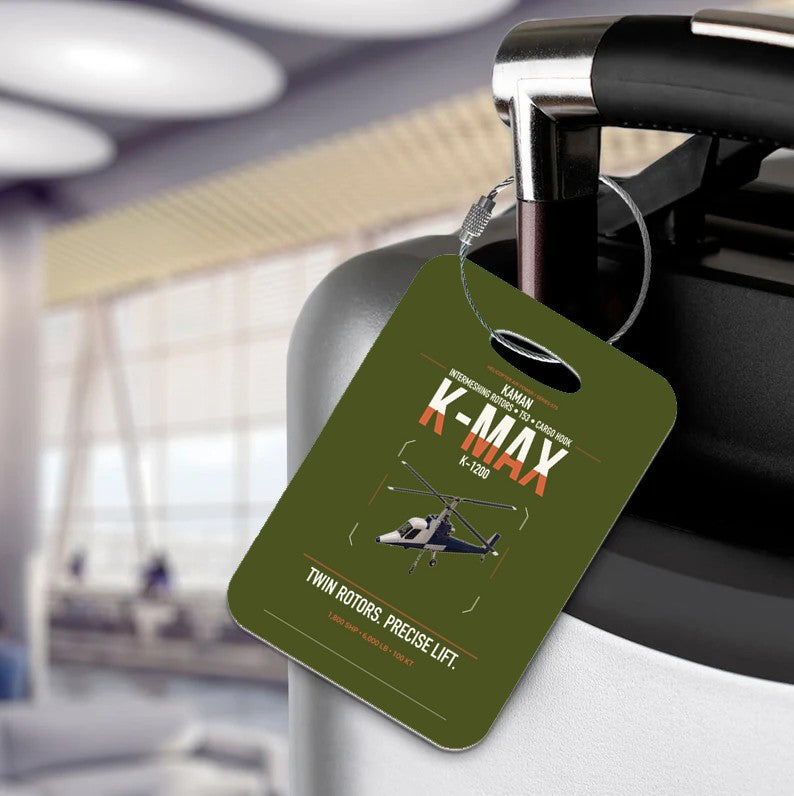 Kaman K-1200 K-MAX design on green army acrylic luggage tags, double-side print