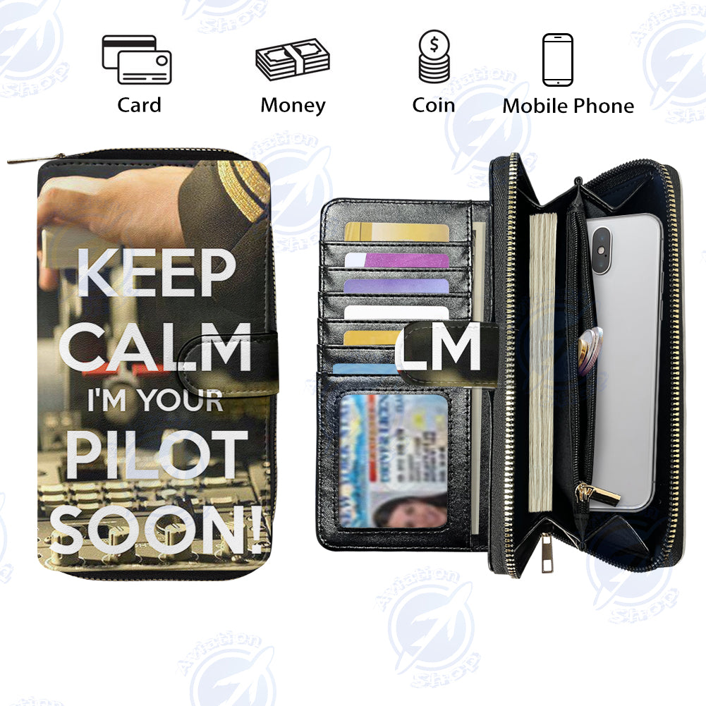 Keep Calm I'm your Pilot Soon Designed Leather Long Zipper Wallets