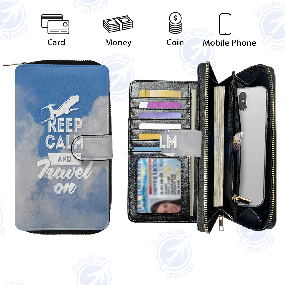 Keep Calm and Travel On Designed Leather Long Zipper Wallets