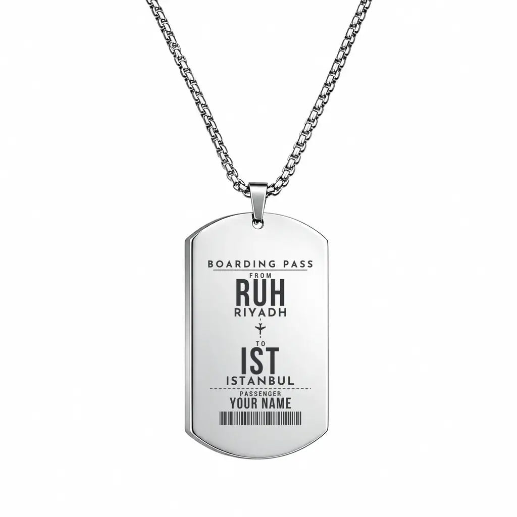King Khalid International Airport RUH — Riyadh - Necklace - Customizable Boarding Pass - Silver
