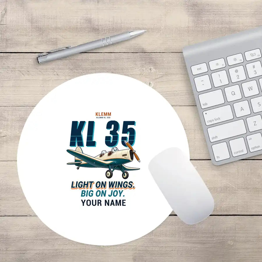 Klemm Kl 35D - Cartoon + Name - Round Mouse Pad - White