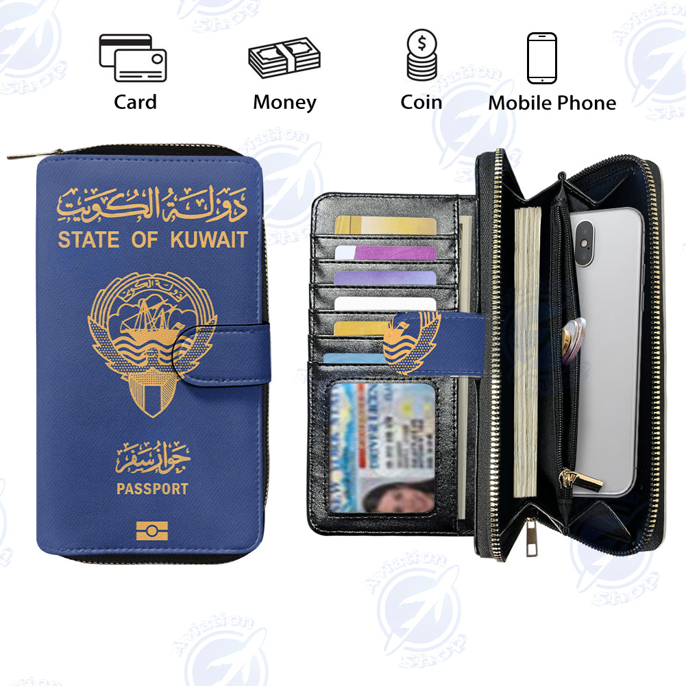 Kuwait Passport Designed Leather Long Zipper Wallets