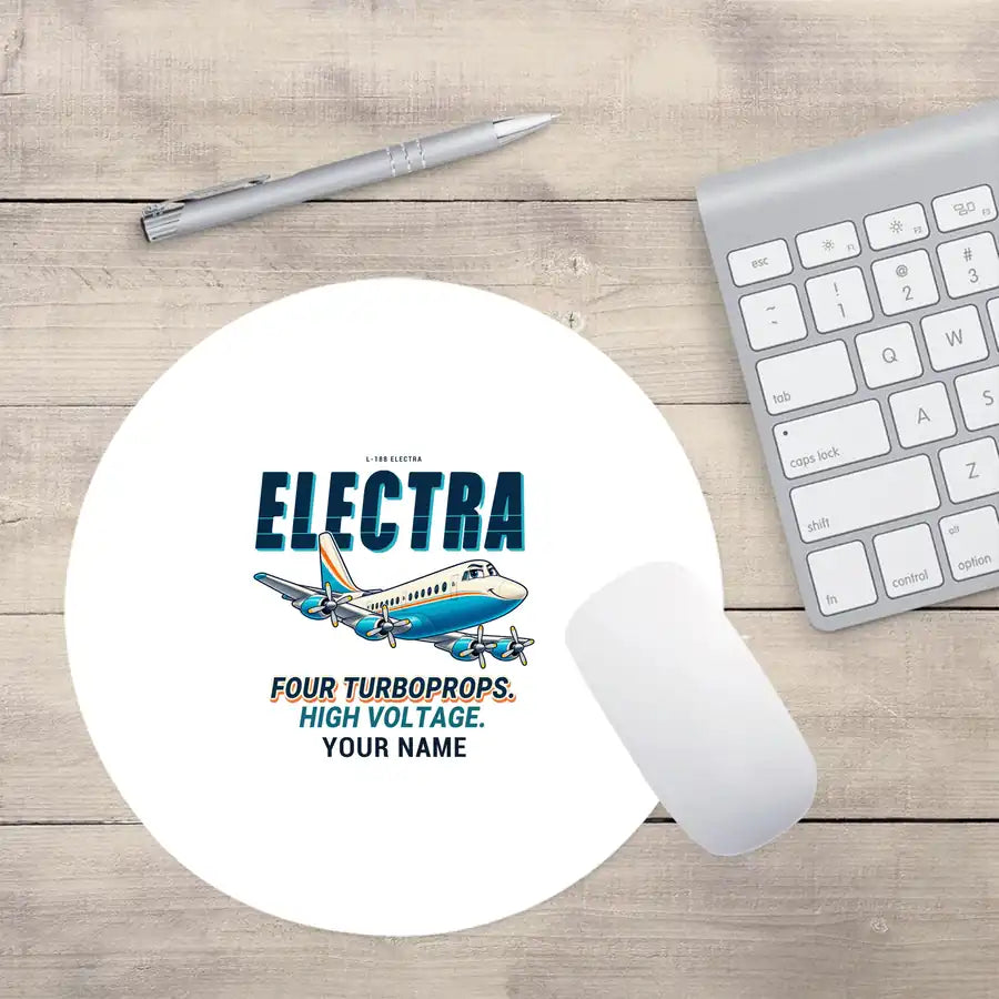 L-188 Electra - Cartoon + Name - Round Mouse Pad - White