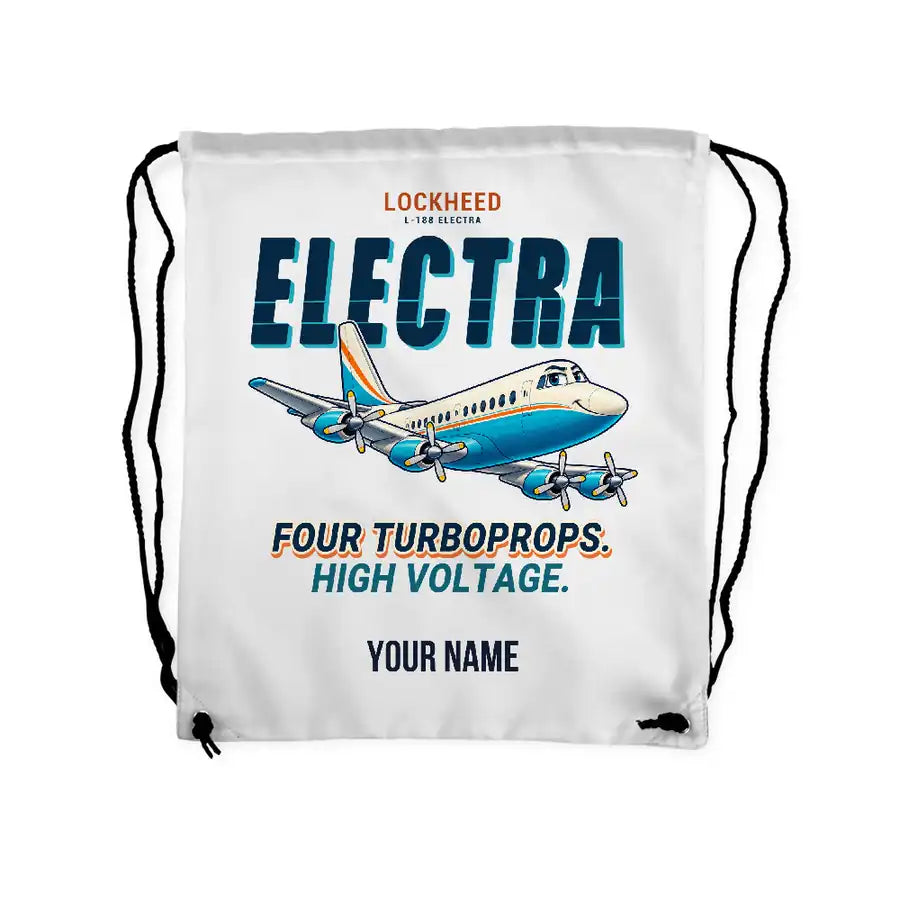 L-188 Electra - Drawstring Bag - Cartoon + Name - White
