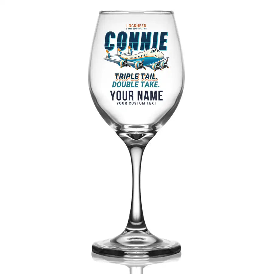 L-749A Constellation - Cartoon + Name - Wine Glass
