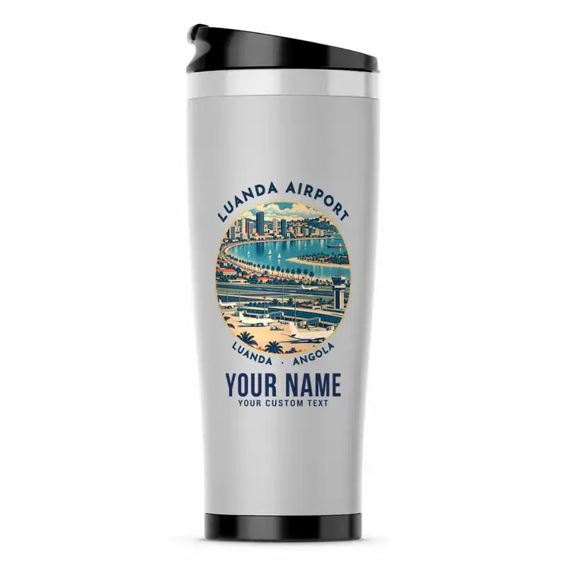 Quatro de Fevereiro International Airport (LAD) Travel Mugs - Badge + Name - Stainless Steel (No Holder) - Light Gray