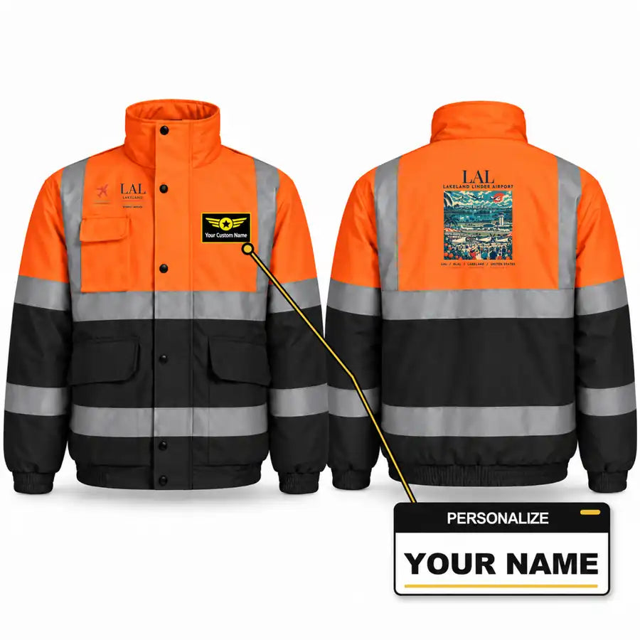 Lakeland Linder International Airport (LAL) Reflective Winter Jackets - Poster + Name - Orange & Navy