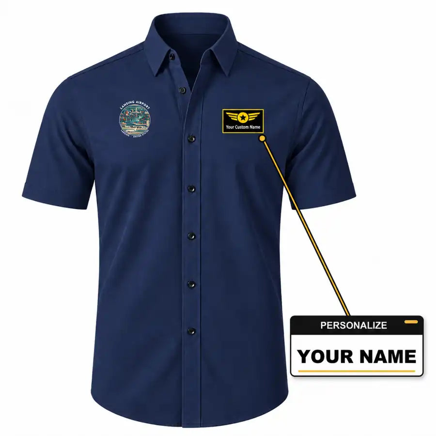 Capital Region International Airport (LAN) Shirts - Short Sleeve Shirt - Badge - Dark Blue + NAME