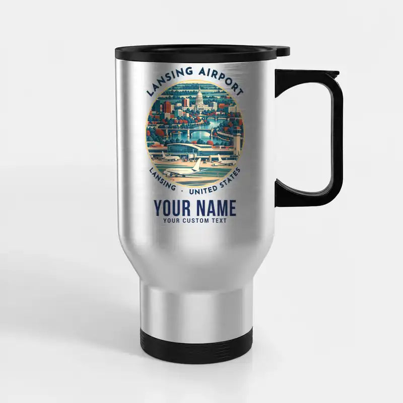 Capital Region International Airport (LAN) Travel Mugs - Badge + Name - Stainless Steel with Holder - Silver