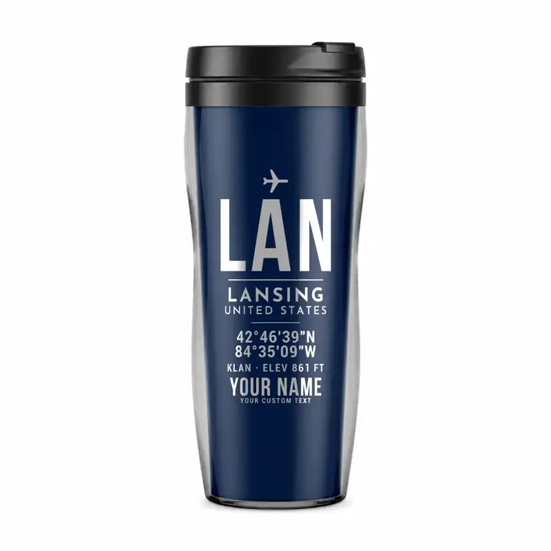 Capital Region International Airport (LAN) Travel Mugs - ID Tag + Name - Plastic (No Holder) - Dark Blue