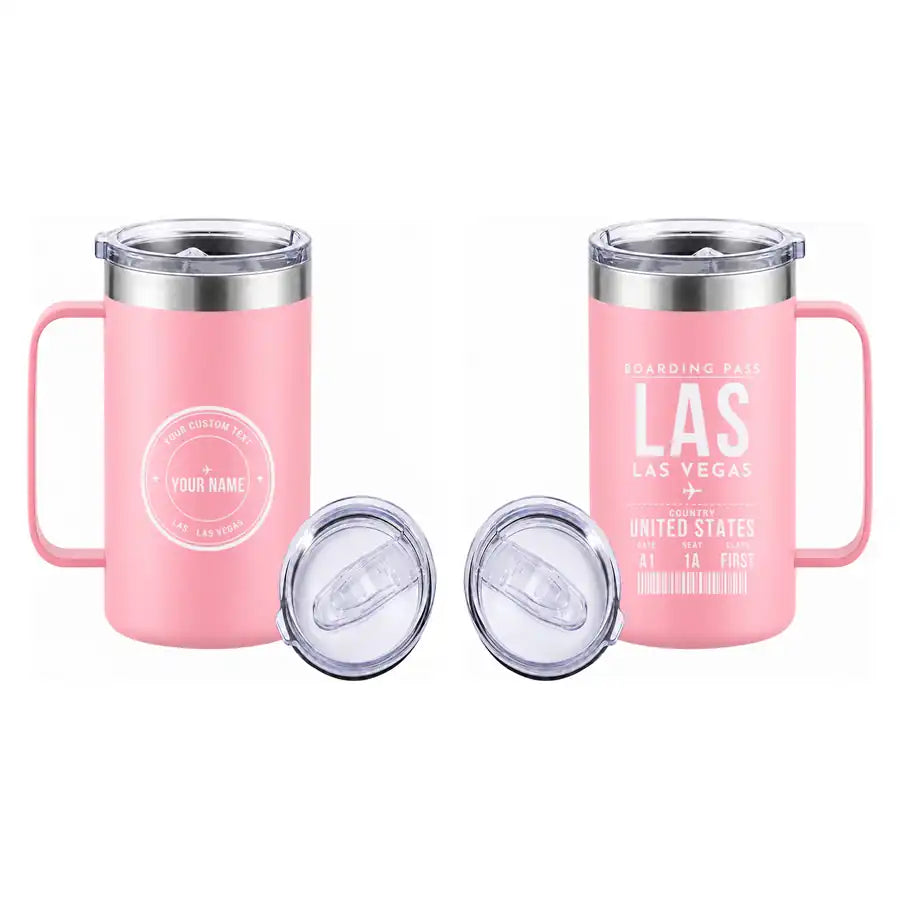 Las Vegas Harry Reid International Airport (LAS) Stainless Steel Mugs - Boarding Pass + Custom Back - Stainless Steel Mug - 24 oz / 700ML - Pink