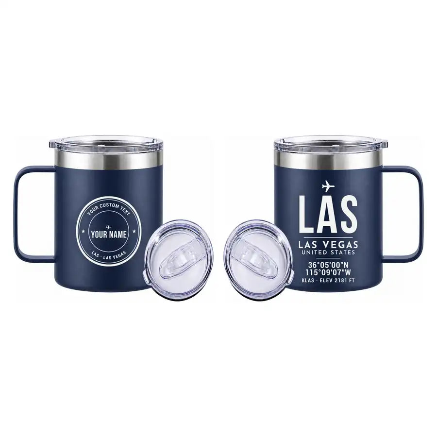 Las Vegas Harry Reid International Airport (LAS) Stainless Steel Mugs - ID Tag + Custom Back - Stainless Steel Mug - 14 oz / 400ML - Navy Blue