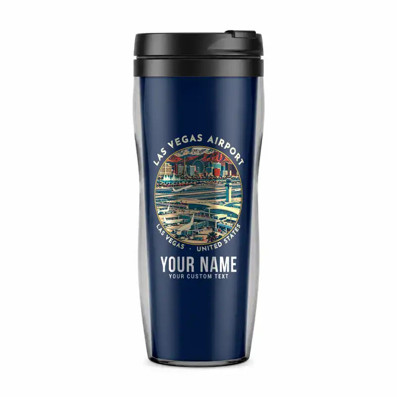 Las Vegas Harry Reid International Airport (LAS) Travel Mugs - Badge + Name - Plastic (No Holder) - Dark Blue