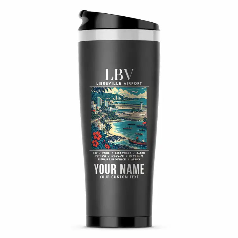 Leon-Mba International Airport (LBV) Travel Mugs - Poster + Name - Stainless Steel (No Holder) - Gray