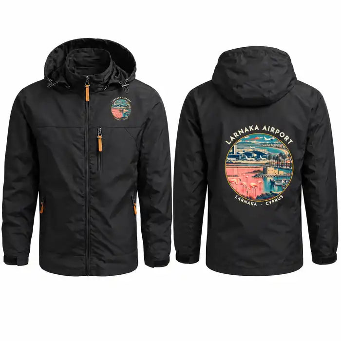 Larnaka International Airport (LCA) Stylish Jackets - Hooded Windbreaker - Badge - Black