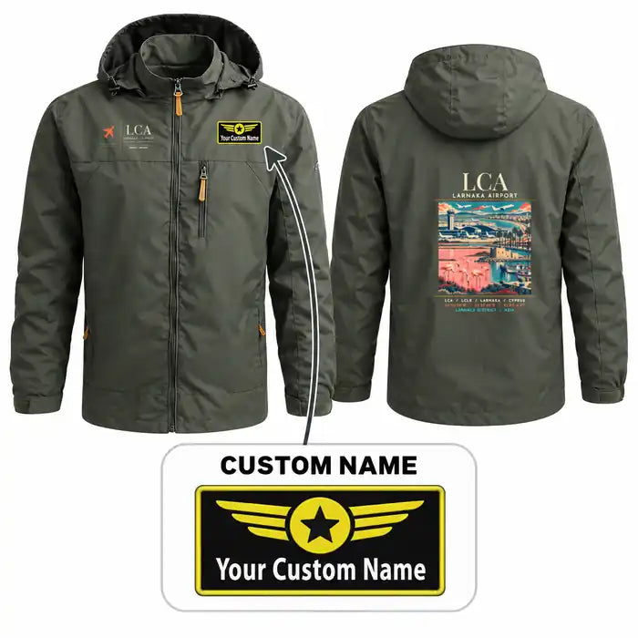 Larnaka International Airport (LCA) Stylish Jackets - Hooded Windbreaker - Poster + Name - Olive Green