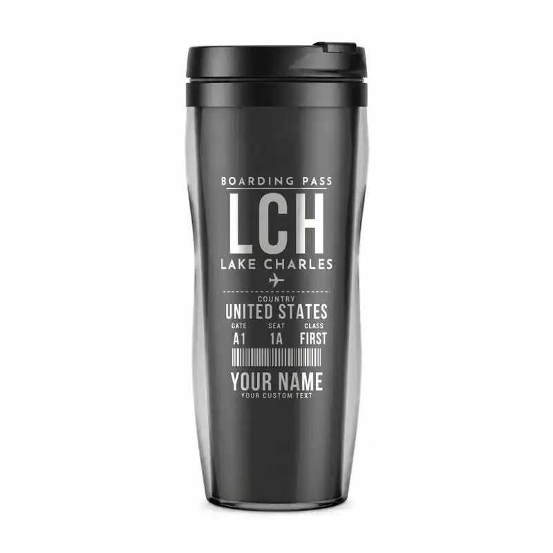 Lake Charles Regional Airport (LCH) Travel Mugs - Boarding Pass + Name - Plastic (No Holder) - Gray