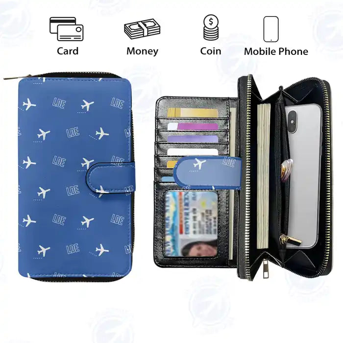 Tarbes–Lourdes–Pyrénées Airport (LDE) Leather Wallets - Zip Long Wallet - Pattern - Blue