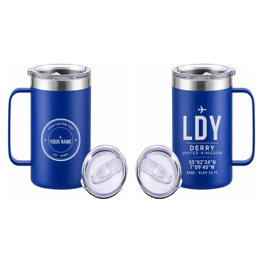 City of Derry Airport (LDY) Stainless Steel Mugs - ID Tag + Custom Back - Stainless Steel Mug - 24 oz / 700ML - Blue