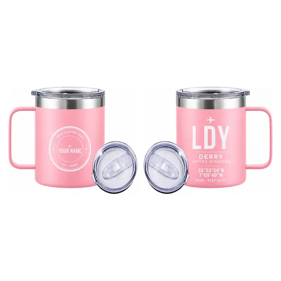 City of Derry Airport (LDY) Stainless Steel Mugs - ID Tag + Custom Back - Stainless Steel Mug - 14 oz / 400ML - Pink