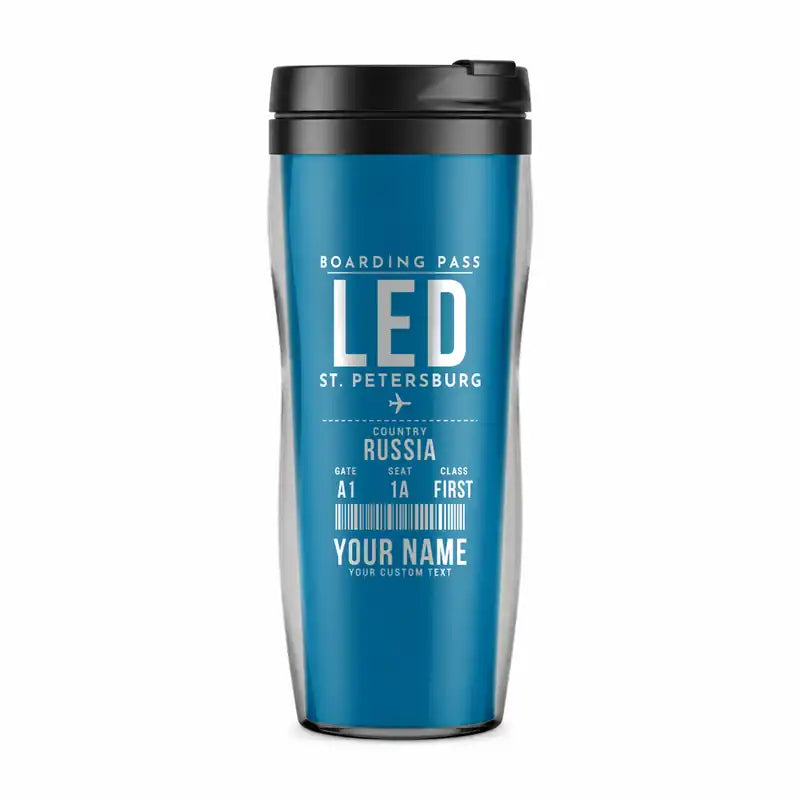 St. Petersburg Pulkovo Airport (LED) Travel Mugs - Boarding Pass + Name - Plastic (No Holder) - Light Blue