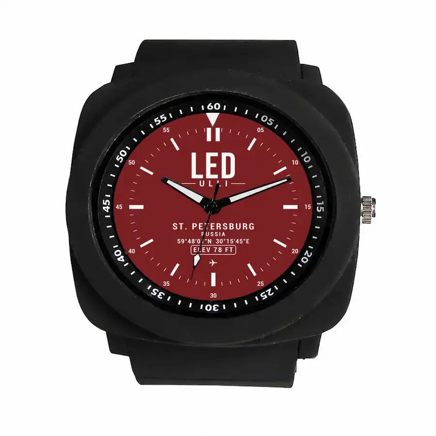 St. Petersburg Pulkovo Airport (LED) Aviator Watches - Classic - Dark Red - Rubber Strap - Black