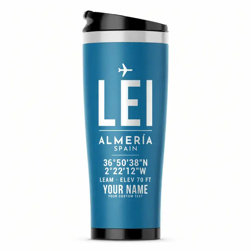 Almería Airport (LEI) Travel Mugs - ID Tag + Name - Stainless Steel (No Holder) - Light Blue