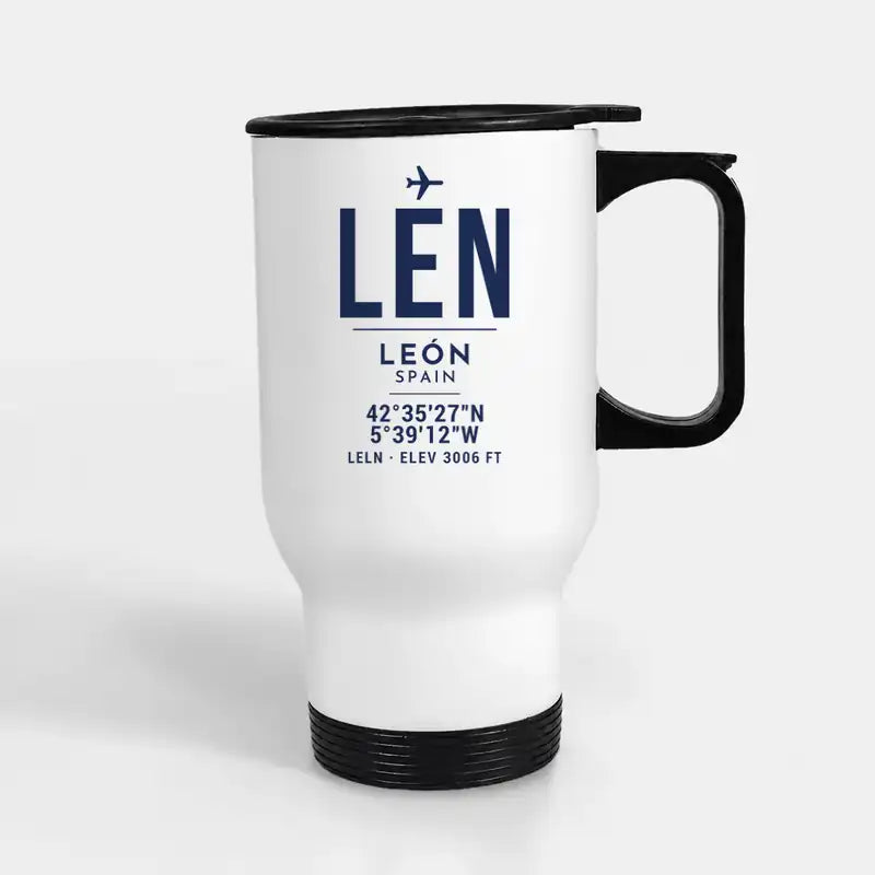 León Airport (LEN) Travel Mugs - ID Tag - Stainless Steel with Holder - White