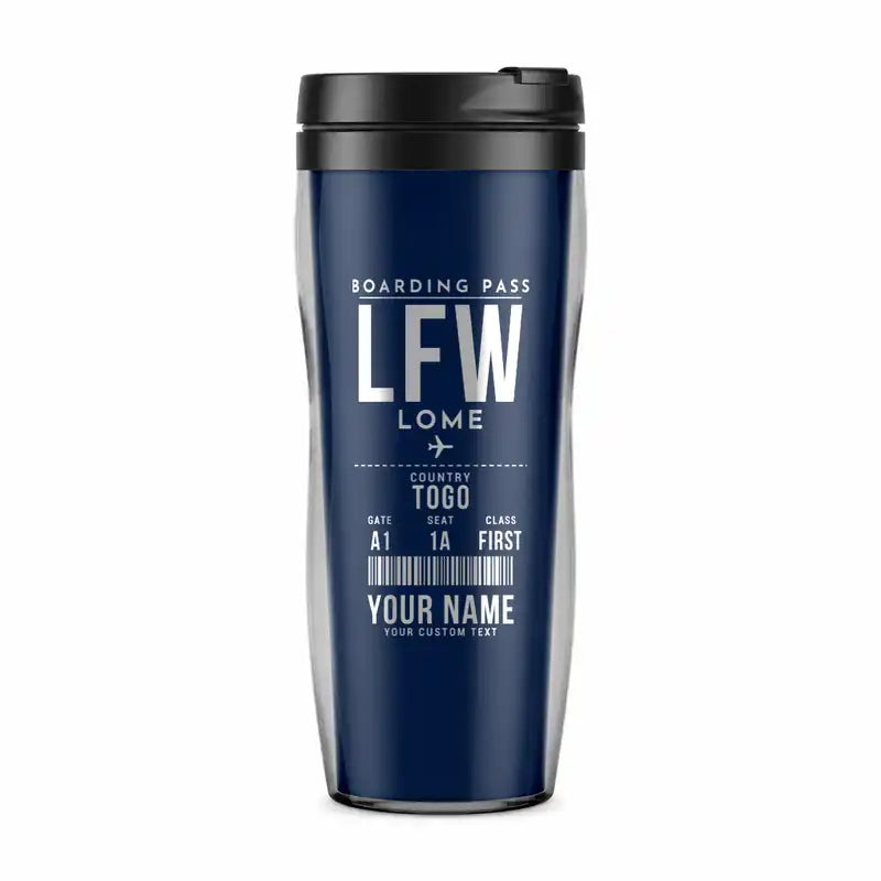 Lome-Tokoin International Airport (LFW) Travel Mugs - Boarding Pass + Name - Plastic (No Holder) - Dark Blue