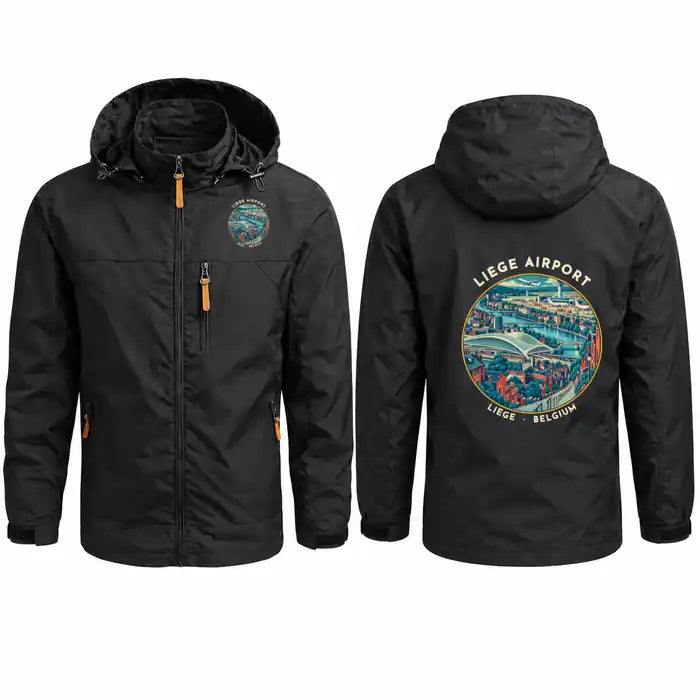 Liège Airport (LGG) Stylish Jackets - Hooded Windbreaker - Badge - Black