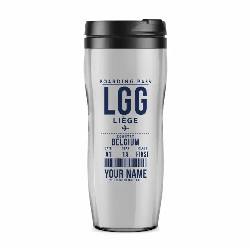 Liège Airport (LGG) Travel Mugs - Boarding Pass + Name - Plastic (No Holder) - Light Gray