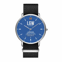 Thumbnail for London Gatwick Airport (LGW) Aviator Watches - Classic - Blue - Slim Leather - Silver & Black Nylon Strap