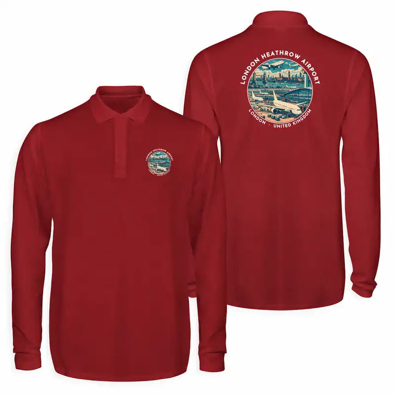 London Heathrow Airport (LHR) Premium Polo T-Shirts - Badge - Long Sleeve - Dark Red