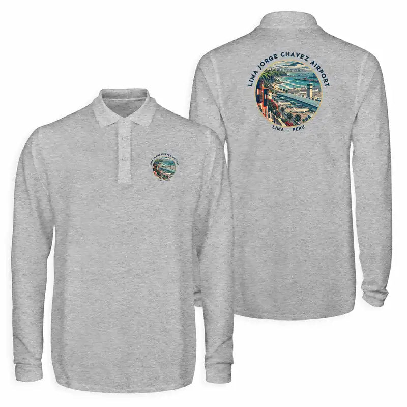 Lima Jorge Chavez International Airport (LIM) Premium Polo T-Shirts - Badge - Long Sleeve - Gray