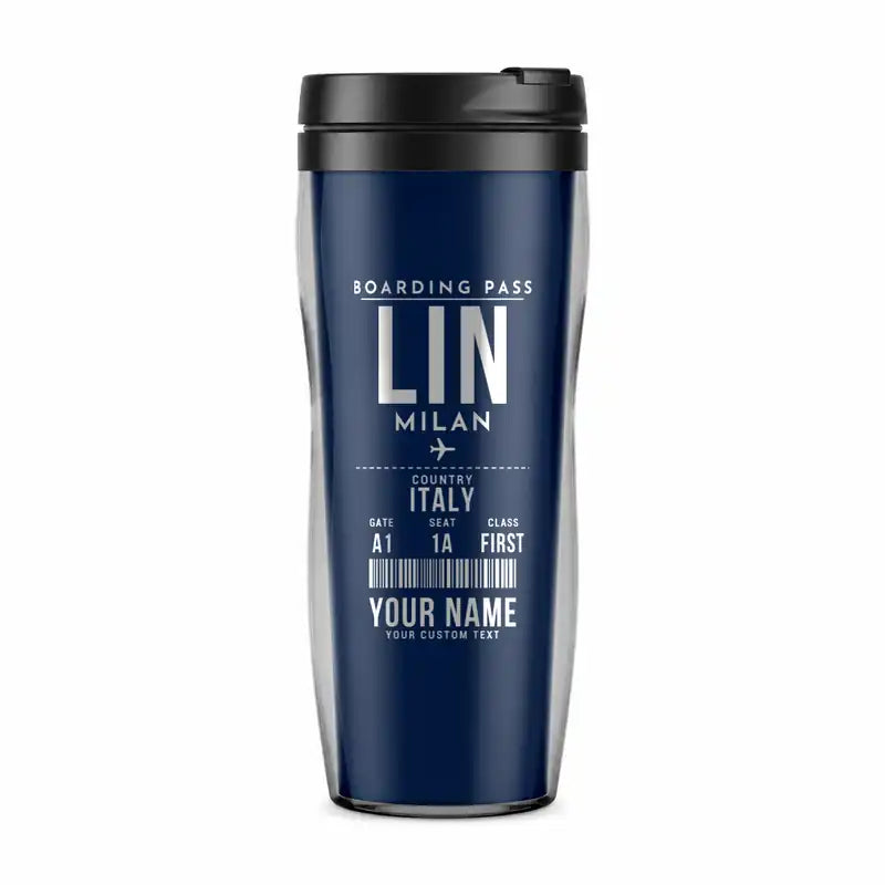 Milano Linate Airport (LIN) Travel Mugs - Boarding Pass + Name - Plastic (No Holder) - Dark Blue