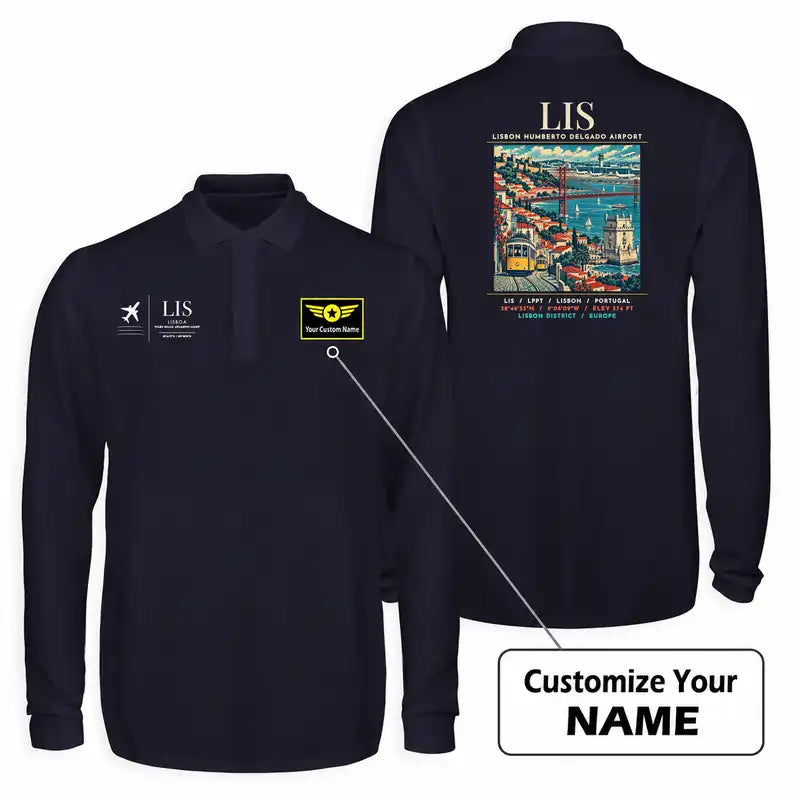 Lisbon Humberto Delgado Airport (LIS) Premium Polo T-Shirts - Poster + Name - Long Sleeve - Dark Blue