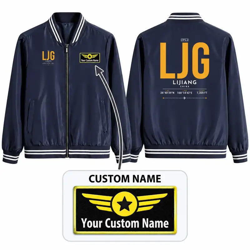 Lijiang Sanyi International Airport (LJG) Stylish Jackets - Baseball Collar - Tag + Name - Navy Blue