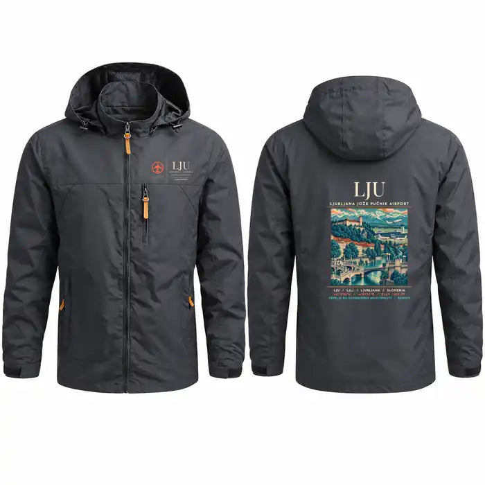Ljubljana Jože Pučnik Airport (LJU) Stylish Jackets - Hooded Windbreaker - Poster - Charcoal